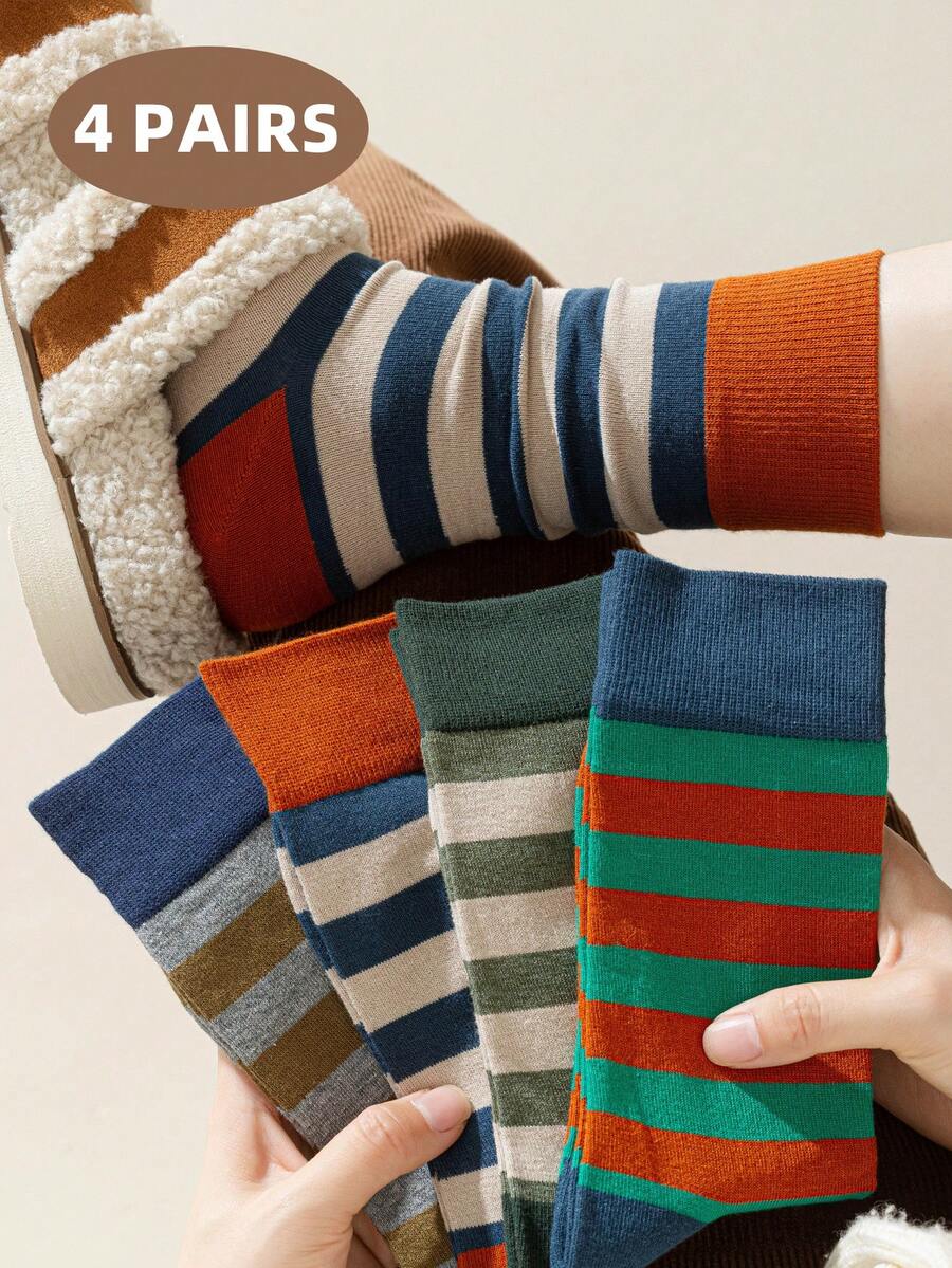 4 Pairs Of Women's Socks, Vintage Striped Mid-Calf Socks, Autumn/Winter Long Socks, Stylish Color Combinations With Exquisite Craftsmanship, Perfect For Everyday Wear.