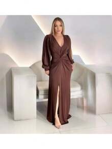 Long Sleeve Dress With Fluity Slit And V-Neckline - 鏽棕色 - 查看 1