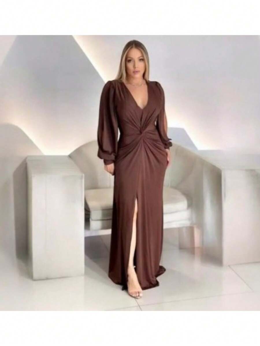 Long Sleeve Dress With Fluity Slit And V-Neckline - 鏽棕色 - 查看 1
