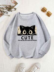 Sudadera gris de cuello redondo con estampado de gatito negro para niñas, de moda y casual, cómoda de llevar, adecuada para actividades de ocio, deportes, viajes, fiestas y campus - Gris - Ver 2