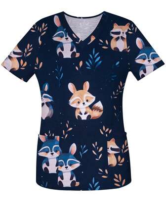 女式卡通狐狸印花春夏V领短袖护士制服上衣，带口袋