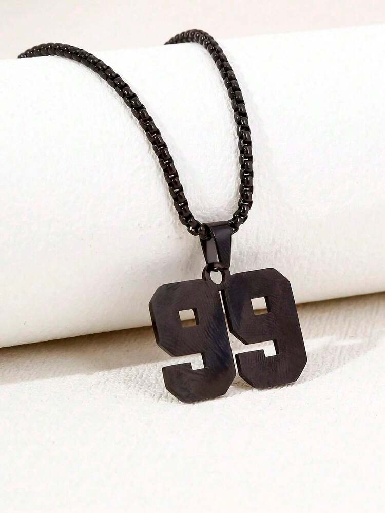 1 件不锈钢 0-99 棒球和足球球衣号码吊坠项链 - 黑色 - 查看 2