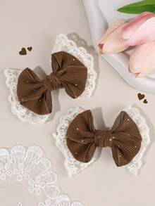 2 Presilhas de Cabelo Marrons, Presilhas de Cabelo com Laço em Renda de Veludo Cotelê e Strass, Presilhas de Cabelo Elegantes com Laço, Acessórios de Cabelo para Outono/Inverno, Ideais para Adolescentes - Castanho - Ver 1