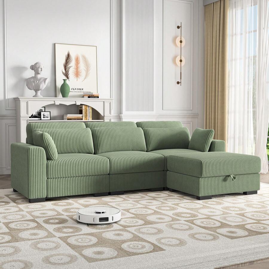 Sofá combinado para varias personas, espuma de alta resiliencia, estructura de madera maciza, sofá individual, banco con almacenaje, sofá de pana para salón, color verde - Verde Oliva - Ver 1
