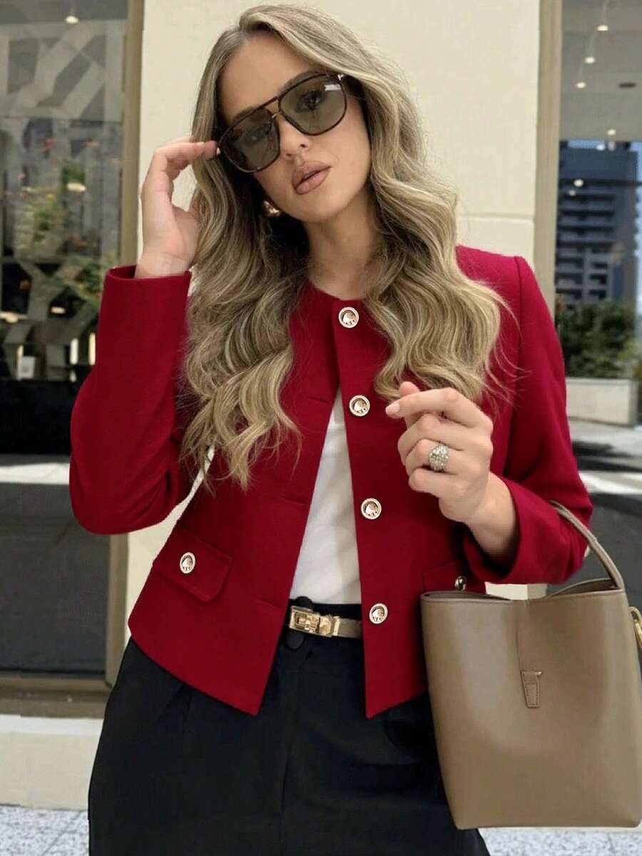 Áo khoác nữ tay dài màu trơn, cài một hàng cúc, dáng ngắn, kiểu dáng thanh lịch, thích hợp cho mùa xuân và mùa thu. - Đỏ - Xem 1