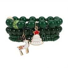 圣诞串饰手链 4 件套 - 可爱的节日圣诞老人、驯鹿、手套吊坠，带仿珍珠电镀时尚首饰，适合女性完美的圣诞礼物或节日庆祝配饰、节日珠宝配饰
