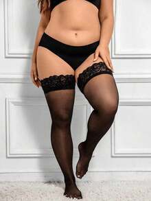 1 双加大对比色花卉蕾丝袜，轻薄、防勾丝、耐用的女士黑色丝绸袜子，夏季完美裸腿袜