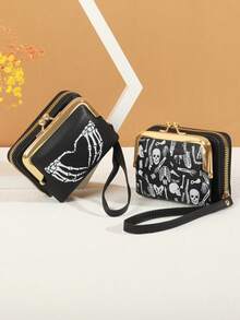 MADLEY 哥特风拉链手拿包，骷髅头图案，万圣节主题，适合购物，女士迷你钱包，小巧可爱，腕包，男士真皮钱包 - 彩色 - 查看 5