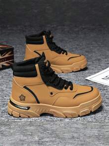 Men's Casual Work Boots - Durable Non-Slip Thick Sole Suitable For Hiking And Outdoor Activities, Lace-Up Faux Leather Shoes, Wear-Resistant Plus Size Boots