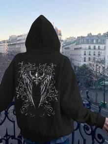 Women's Gothic Retro Wing Print Sweatshirt, Casual Street Style Long Sleeve Drawstring Pocket Sweatshirt, Minimalist Versatile Pullover For Daily Wear - Black - View 6