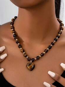 Elegant Vintage Inspired Tigers Eye Cat's Eye Stone Beaded Heart Pendant Necklace For Women Men Perfect For Parties Birthdays Everyday Glamour(No Card)
