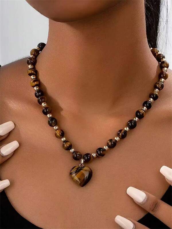 Elegant Vintage Inspired Tigers Eye Cat's Eye Stone Beaded Heart Pendant Necklace For Women Men Perfect For Parties Birthdays Everyday Glamour(No Card)