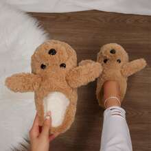 Womens Slippers Memory Foam Plush Slides Cartoon Dog Cute Winter Warm Anti Slip House - Màu Khaki - Xem 5