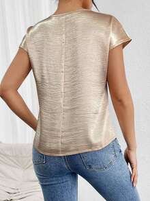 Blusa de unicolor de satén con mangas tipo murciélago, cuello redondo y plisada, blusas de manga corta para mujer - Champán - Ver 2