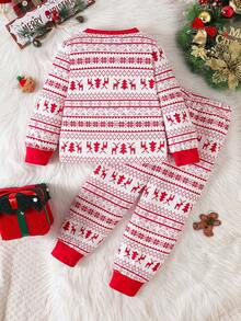 2件套男童圣诞印花圆领上衣+休闲裤套装 - 紅白色 - 查看 2