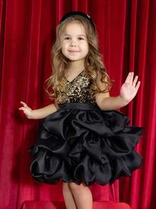 Gold Sequin Black Mesh Elegant Party Dress, Princess Gown Suitable For Girls Birthday Party, Flower Girl Wedding, Prom, Easter, Graduation - Black - View 1