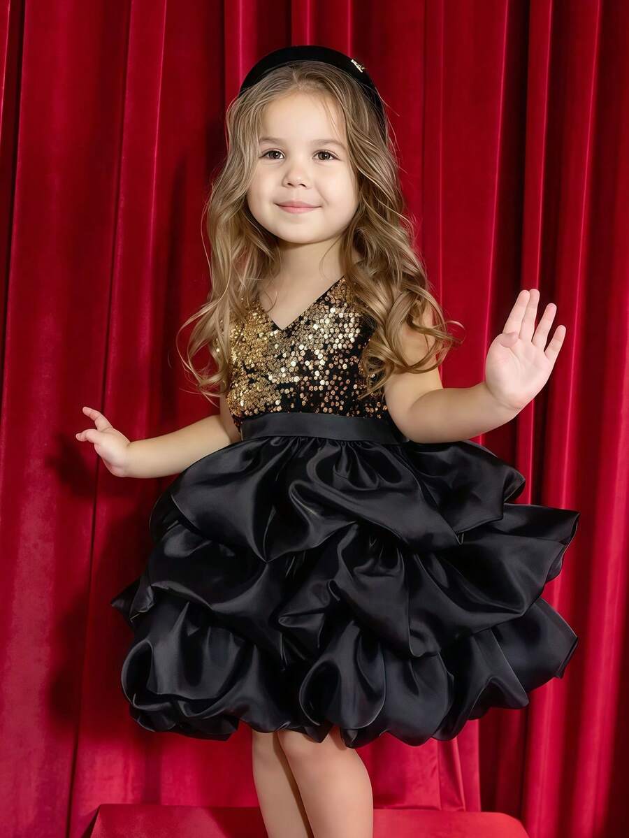 Gold Sequin Black Mesh Elegant Party Dress, Princess Gown Suitable For Girls Birthday Party, Flower Girl Wedding, Prom, Easter, Graduation - Black - View 1