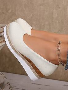 1 Pair Beige Round Toe Non-Slip Lightweight Comfortable Casual Pearl Linen Slip-On Loafers, Suitable For Commuting, Casual, Outdoor Activities, All Seasons