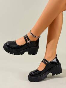 Foot Flair 女款（尺码偏小）玛丽珍厚底粗跟踝带Y2K哥特洛丽塔牛津经典舒适校服正装鞋 - 黑色 - 查看 7