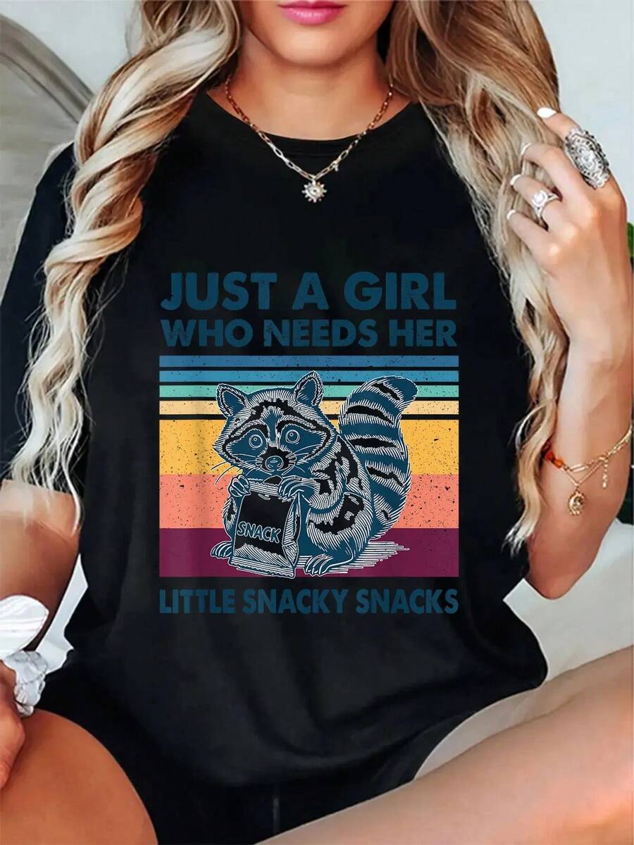 100% Cotton Just A Girl Who Needs Her Little Snacky Snacks T-Shirt Women's Men's Summer Comfort Soft Crew Neck Tee Tops - Black - View 1
