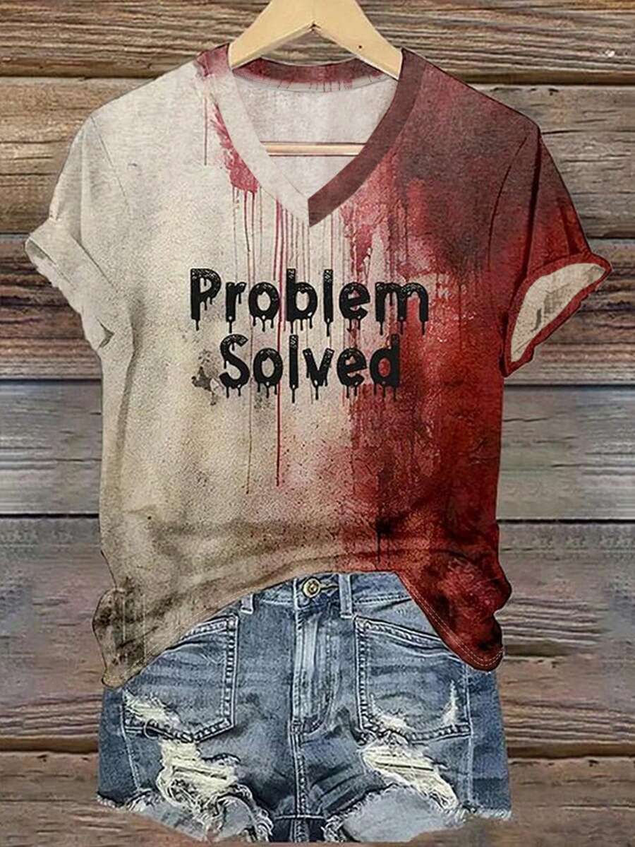 Fashionable Bloody Element English Print Casual Women Round Neck Short Sleeve T-Shirt - Multicolor - View 1