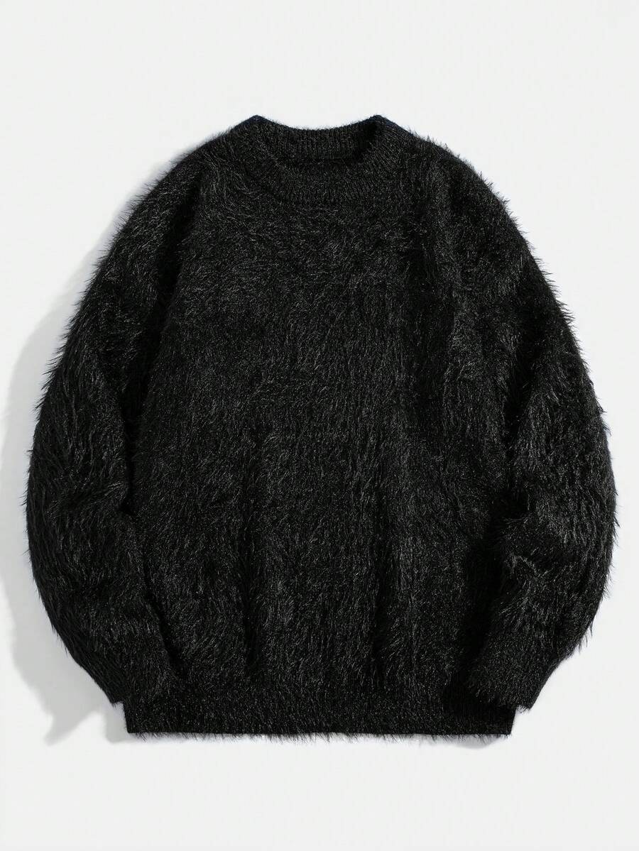 男式超大落肩马海毛套头衫，秋冬 - 黑色 - 查看 1