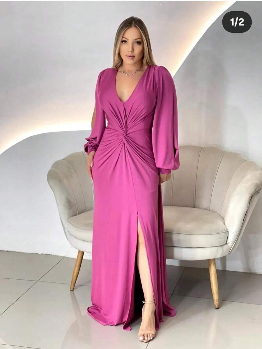 Long Sleeve Dress With Fluity Slit And V-Neckline - 羅莎 - 查看 1