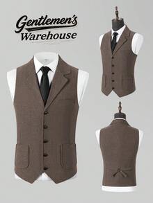 Casual Men's Vests Herringbone Tweed Vest V-Neck Waistcoat For Men Retro Men's Wedding Vests Hunting Travel Workwear Vest - 摩卡棕 - 查看 2