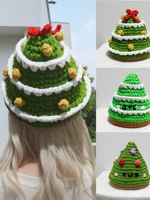 Crochet Christmas Tree Beanie - Festive Knitted Hat With Colorful Ornaments & Red Bow, Holiday Knit Cap For Women, Unique Christmas Knit Headwear