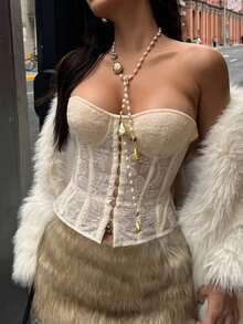 Apperloth A Y2K 花卉刺繡束胸衣，半透網紗前襟、後背鉤扣繫帶露背式 Bustier，適合外出、萬聖節裝扮、夏季穿著 - 杏色 - 查看 7