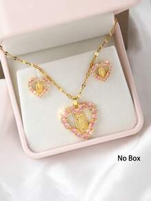 Set de 3 piezas: Collar con colgante del Corazón de la Virgen María + Pendientes de Corazón de la Virgen María brillantes y delicados, diseño hueco vintage, incrustado con circonita sintética, adecuado para bodas de mujeres, joyería católica, regalo del Día de San Valentín, Día de la Madre (los pasadores de los pendientes son fáciles de doblar pero se pueden restaurar por sí mismos) - Diamante rosa dorado - Ver 3
