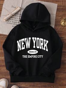 一件少女休闲印花套头卫衣，保暖内衬，适合上学、休闲、秋冬季穿着。 - 黑色 - 查看 2