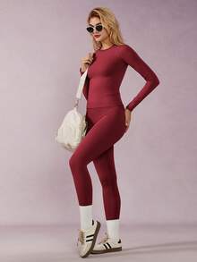 NcmRyu 1 Set Damen Mode Rundhals Lifting Tight Fitness Anzug für Laufen, Radfahren, Tanzen, Pilates, Workout