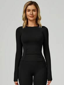 MASKERT Women's Long-Sleeved Cropped T-Shirt, Tight-Fitting One-Piece Long Pants, Women's Yoga One-Piece Suit, Exercise Long-Sleeved Sports One-Piece Pants, Quick-Drying And High-Elasticity - 黑色 - 查看 6