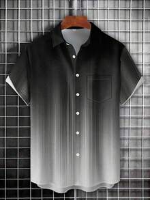 Vintage Ombre Stripe 3D Digital Print Button Pocket Short Sleeve Shirt For Men, Plus Size - Black - View 3