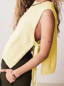 Women's Knit Tank Tops Sleeveless Crew Neck Solid Color Side Tie-Up Loose Fit Vest For Summer Spring Fall - Yellow - View 3