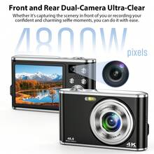 松典4K数码相机，4800万像素Vlog相机，适用于直播，前后双摄像头，双镜头自拍，16倍数码变焦，防抖功能，2.8英寸屏幕，1300万像素CMOS传感器，包含1块电池和32G SD卡，小巧便携旅行Vlog相机，是初学者的理想礼物。 - 相機+記憶卡 - 查看 5