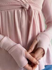 Women Y2K Babydoll Knit Tops Long Sleeve Lace Patchwork Low Cut Peplum Sweater Fairy Vintage 90s Coquette Blouse - 粉色 - 查看 7