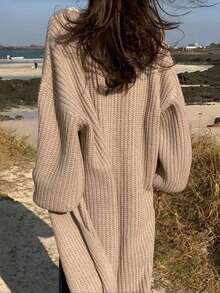 EAVA Damen koreanischer Stil, entspannter und müheloser Look, Glockenärmel, einfarbiger lässiger Strick-Cardigan mit Langarm für Herbst/Winter