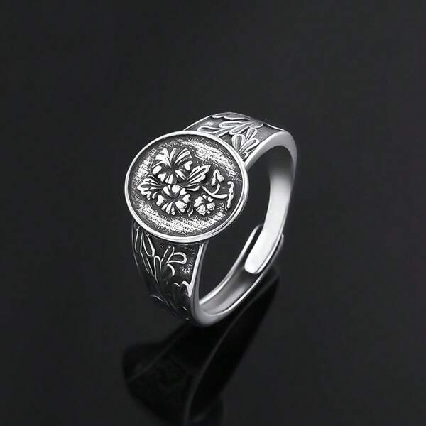 S925 Sterling Silver Vintage Floral Engraved Distressed Hiphop Style Ring, Devotional Ring, Birthday, Anniversary, Valentine's Day, Halloween Gift, Comes With Gift Box