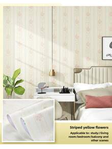 1 Roll Of Thickened Striped Self-Adhesive Wall Decoration Stickers For Living Room And Bedroom TV Background Wall Waterproof And Moisture-Proof Wipeable Wallpaper Wall Paper Wall Stickers Room Decor - Striped White Background With Pink Flowers - View 3