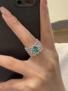 1枚优雅立方氧化锆戒指，女士婚礼订婚派对珠宝，情人节礼物 - 銀色 - 查看 4