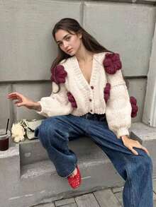 女士优雅花卉刺绣开衫，休闲外套，适合约会、假日、度假，春、夏、秋、冬四季皆宜。 - 白紅色 - 查看 7