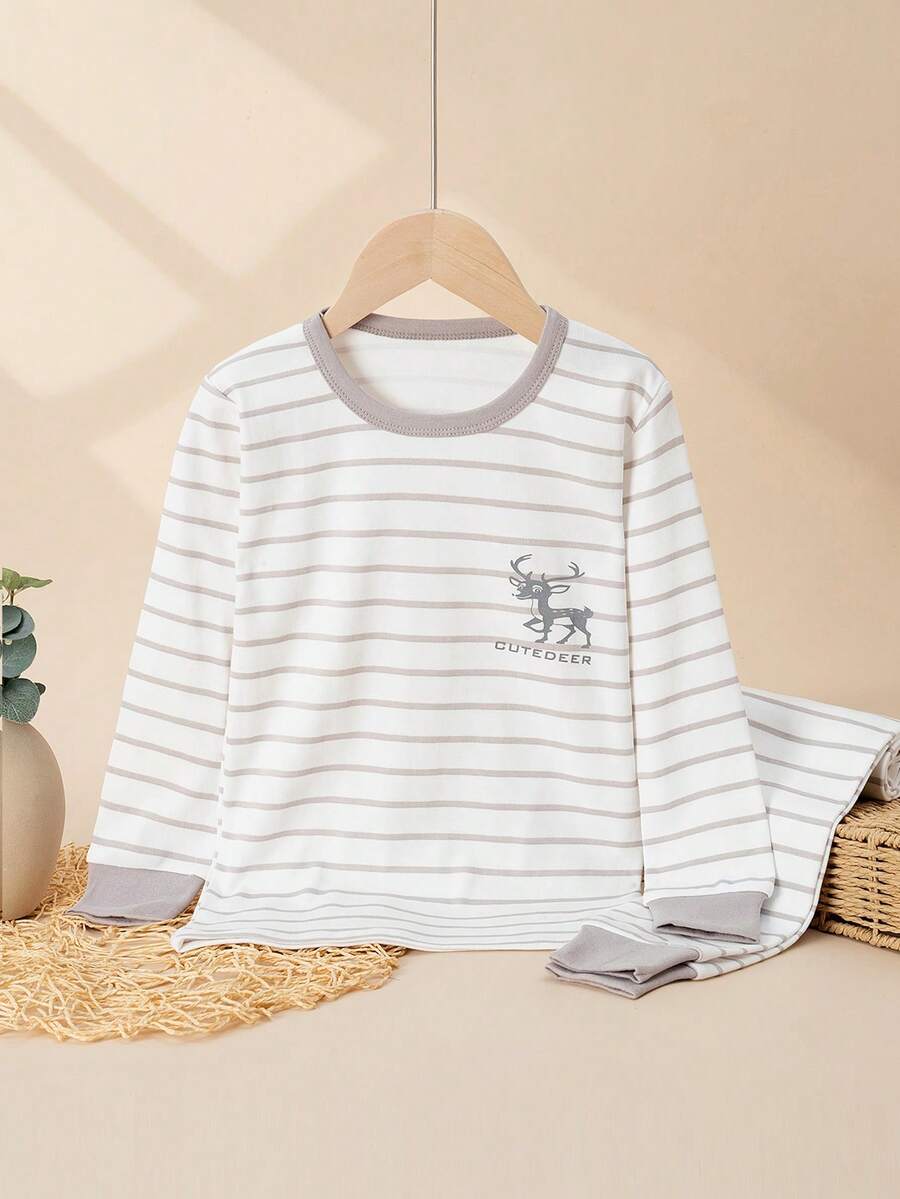 Young Boy White Striped Print Pajama Set, Comfortable Cotton, Spring/Autumn - White - View 1