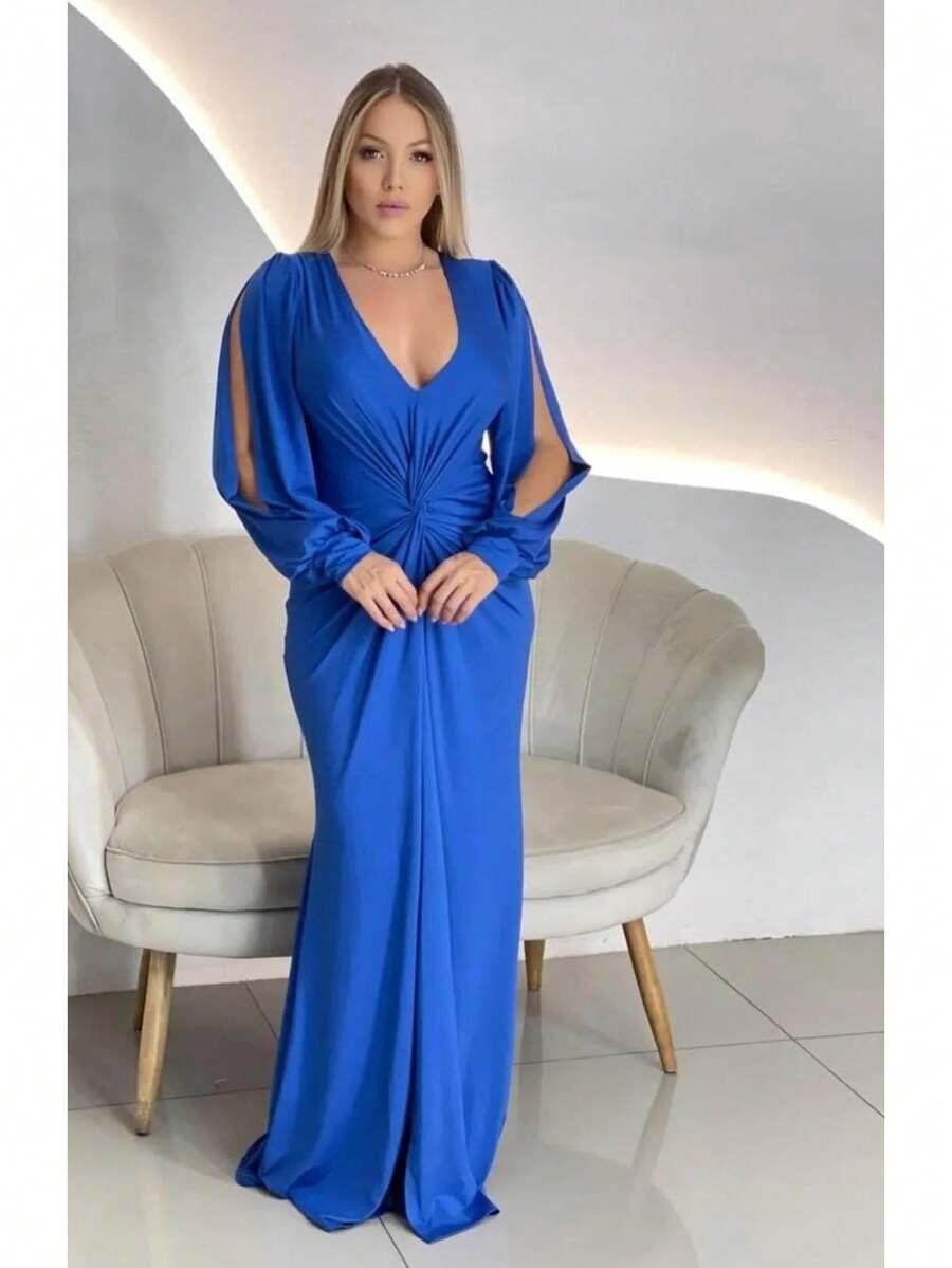 Long Sleeve Dress With Fluity Slit And V-Neckline - 藍色 - 查看 1