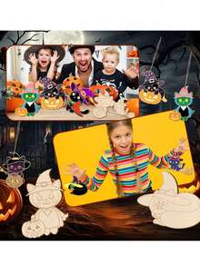 12pcs Magic Cat Unfinished Halloween Wooden Decoration, Halloween Cat Coloring Wooden Crafts, Hanging Ornaments - DIY Handmade Set - DIY Painting Set - Perfect For Holidays, Birthdays And Room Decorations