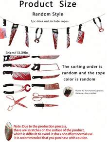 12件套万圣节派对装饰血腥横幅，万圣节花环横幅，恐怖花环装饰，逼真的红白血迹飞溅设计，配有黑色手柄的刀、锯、剪刀和匕首，非常适合恐怖电影主题生日派对 - 彩色 - 查看 9