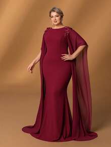 Faeriesty Mosy Plus Classic Round Neck Elegant Cape Sleeve Fish-Tail Plus-Size Mother Of The Bride Dress For Formal Weddings, Grand Galas, Lavish Evening Dinners, Prestigious Proms, And Upscale Red Carpet Events – Flattering Design For Ultimate Confidence In High-End Occasions