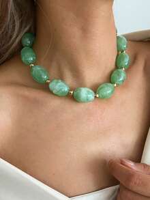 1pc Bohemian Geometric Asymmetrical Beaded Resin Chain Necklace, Luxurious Casual Party Women's & Couples' Wedding Holiday Versatile Metal Jewelry Gift - Necklace - View 4