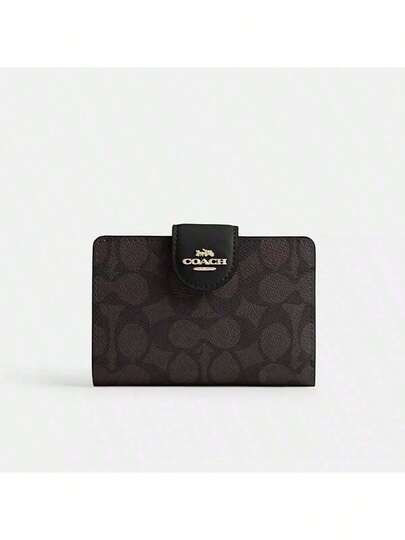 Coach 中号转角拉链钱包，皮革对折卡包，女士小钱包，标志性帆布材质，按扣闭合 C0082
